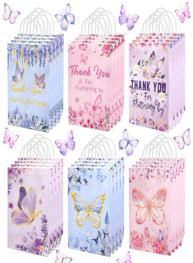 ROLYTA 24 Pcs Butterfly Party Favors Goodie Bags, Butterfly Flowers Thank You Gift Bags Pink Blue Purple Birthday Candy Treat Bag with Handles for Girl Butterfly Birthday Party, Glitter Style - Image 1